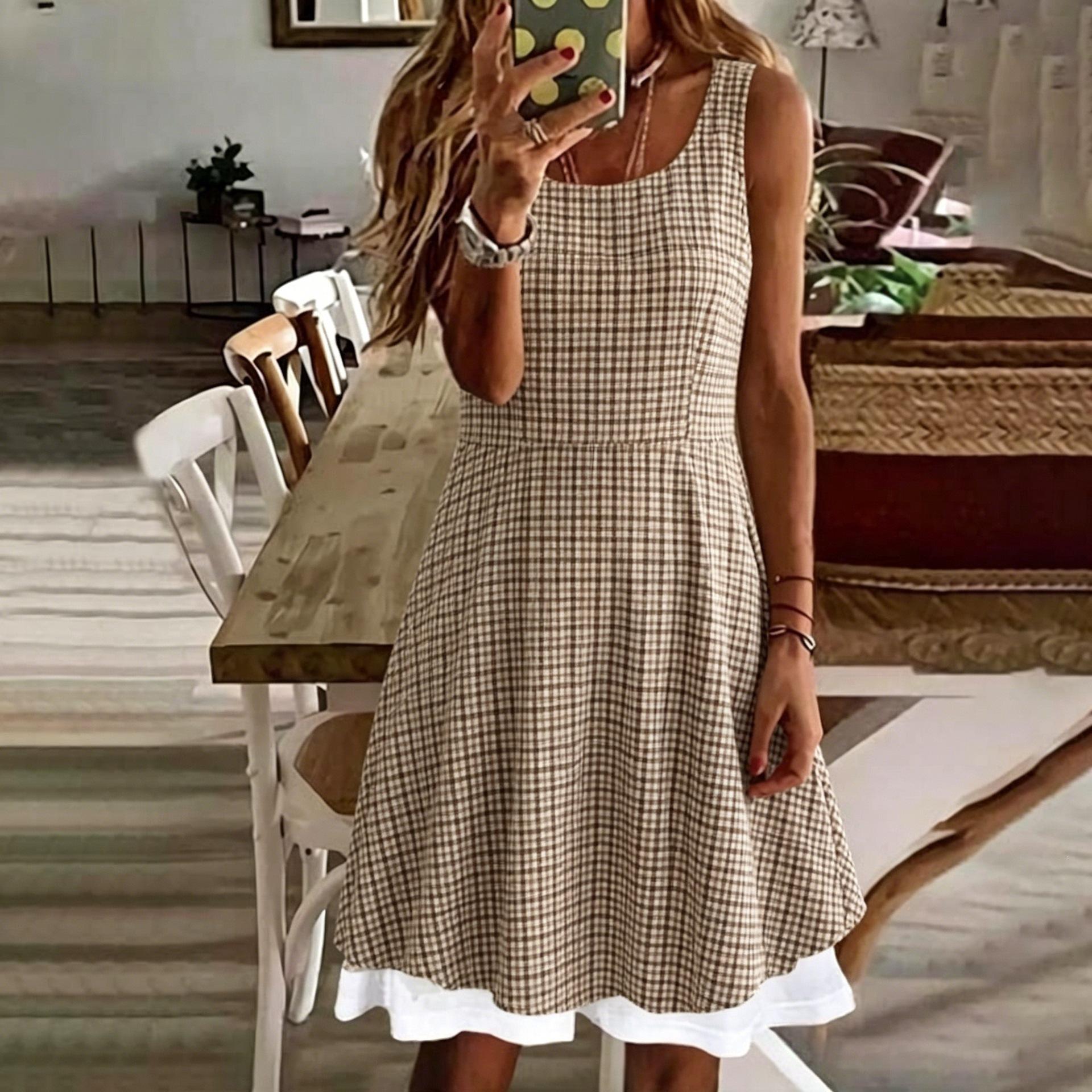 Plaid square neck sleeveless dress for women with waist and thin A-shaped splicing hem skirt S