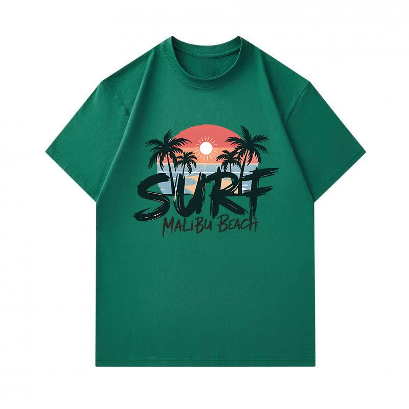 Men's 100% Cotton Crew Neck Short Sleeve T-Shirt, Surf Malibu Beach Retro Palm Sunset Print Casual Breathable Summer Top for Daily Outdoor Surfing Str