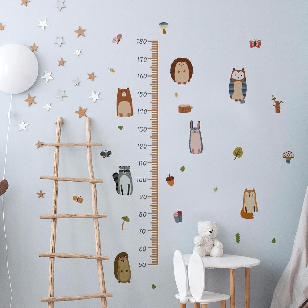 Fun Cartoon Animal Wall Stickers with Height Scale for Children's Room Decoration PVC Removable Decals 60x30cm Set of 2