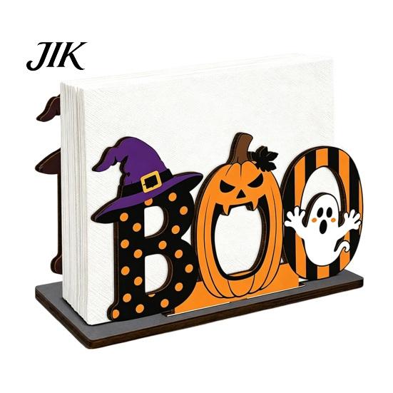Desktop Holiday Decoration Halloween Wooden BOO Napkin Holder, Cartoon Ghost Pumpkin Witch Hat Paper Towel Ornament Wood Table Centerpiece for