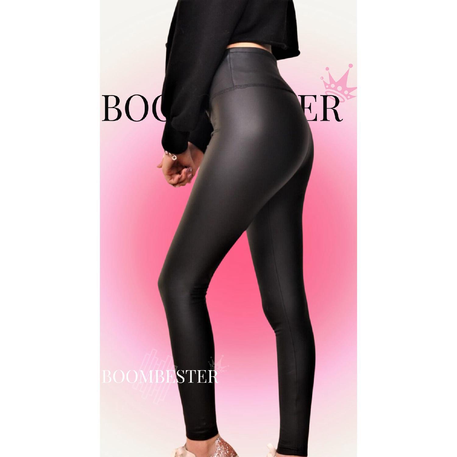 

Winter Leather Leggings With Gathering Fleece Anti-slip High Waist Raised S чорний