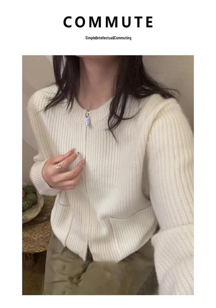 Women's Fashion Double Pocket Cashmere Cardigan - Round Neck, Double Zipper, Pure Wool Sweater Coat for Autumn/Winter