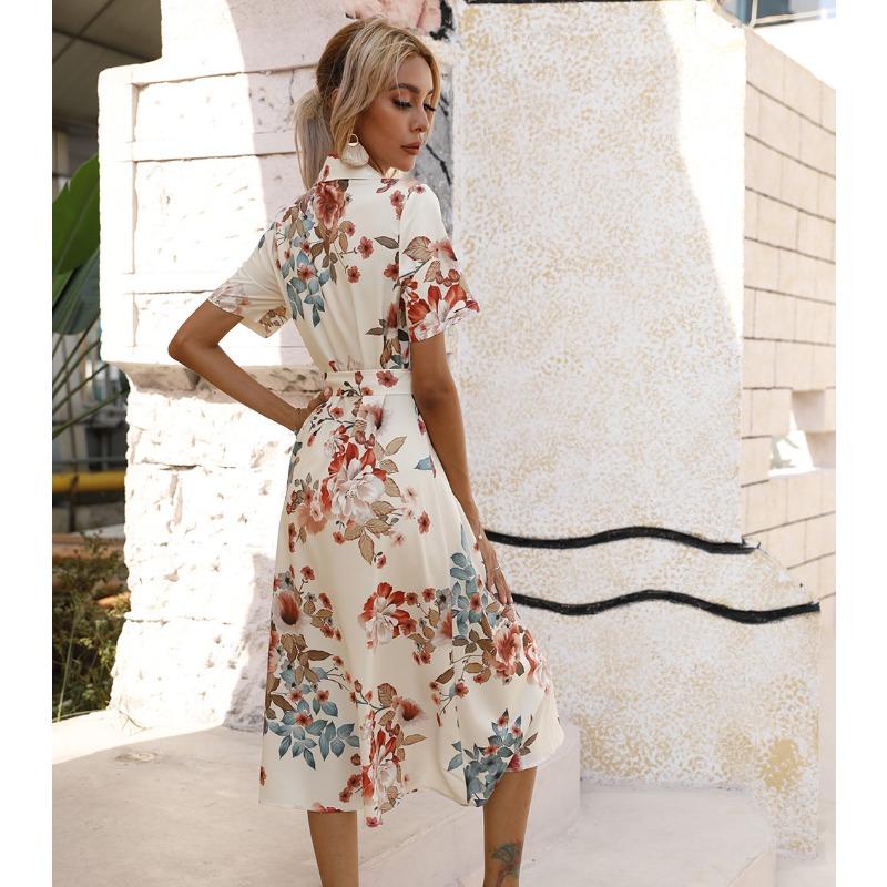 Summer Short Sleeve Women Floral Printed Shirt Dress Single-breasted Loose Casual Office Holiday Lace-up A-line Party Dresses Elegant Fashion Clothng
