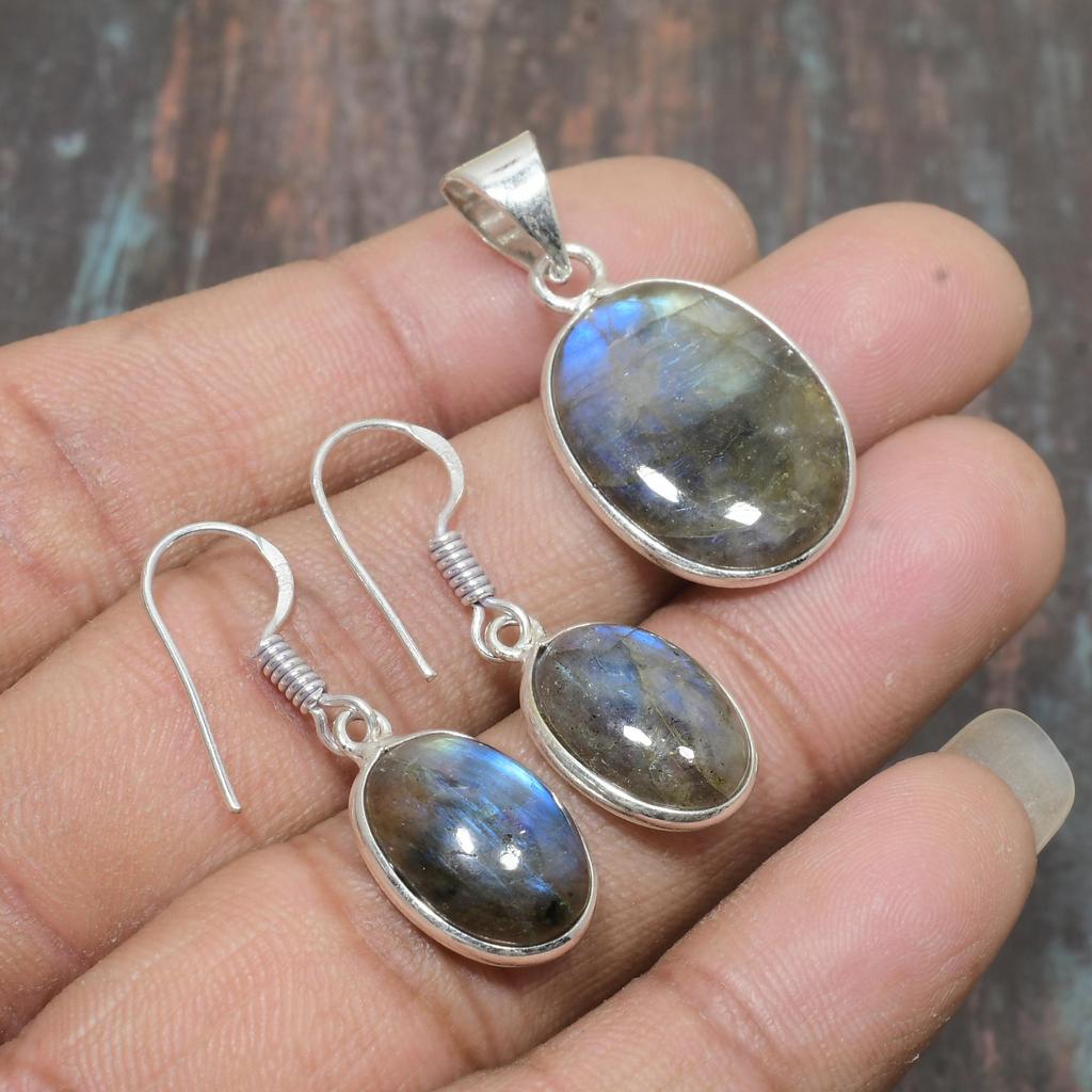 Labradorite Gemstone Handmade 925 Sterling Silver Pendant+Earring Jewelry Set