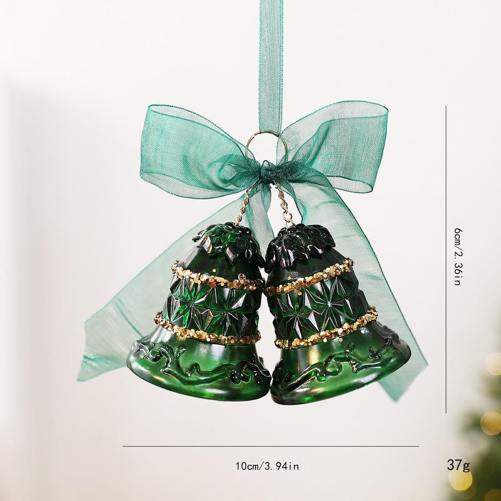 Semi-transparent PET Double Christmas Bells Hanging Ornament with Organza Bow, DIY Xmas Tree Decoration for Holiday Home Decor