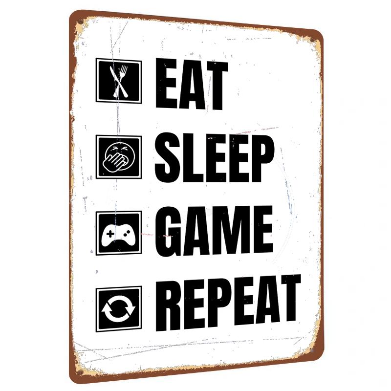 Eat Sleep Game Repeat Metal Wall Art Gaming Room Decor for Gamers Boys Bedroom Sign 20x30cm（7.8x11.8inch）
