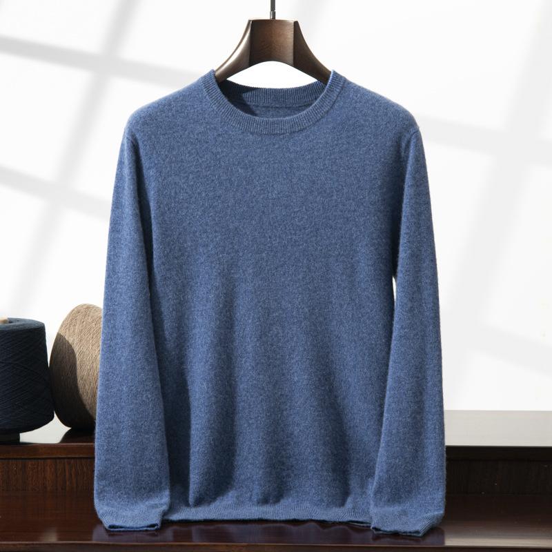 2025 new cashmere shirt men's round neck solid color pullover sweater with knitting inside