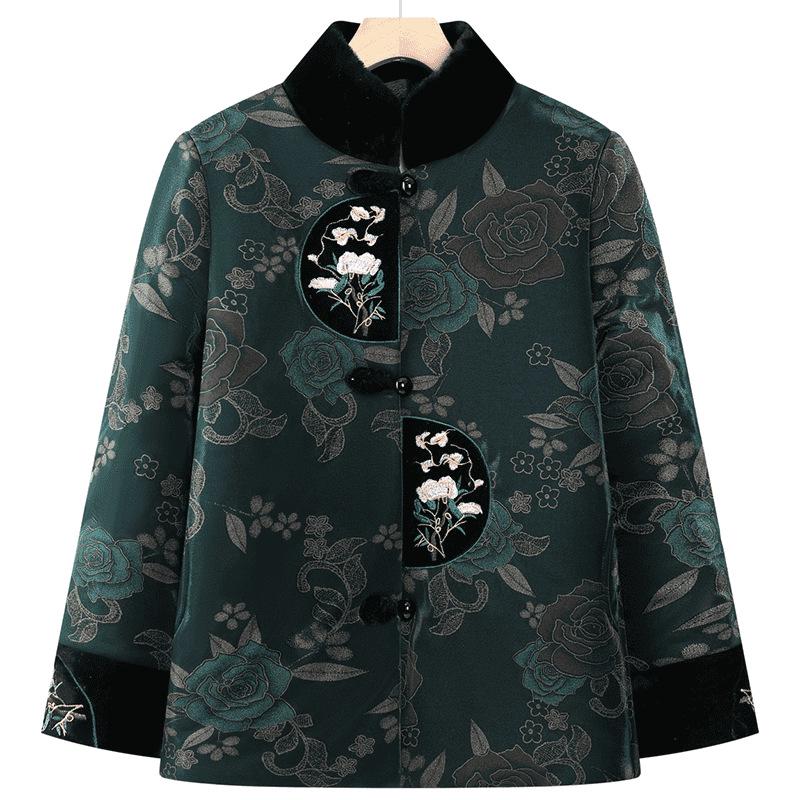 Vintage Chinese Style Winter Cotton-Padded Jacket with Fleece Lining for Middle-Aged and Elderly Women