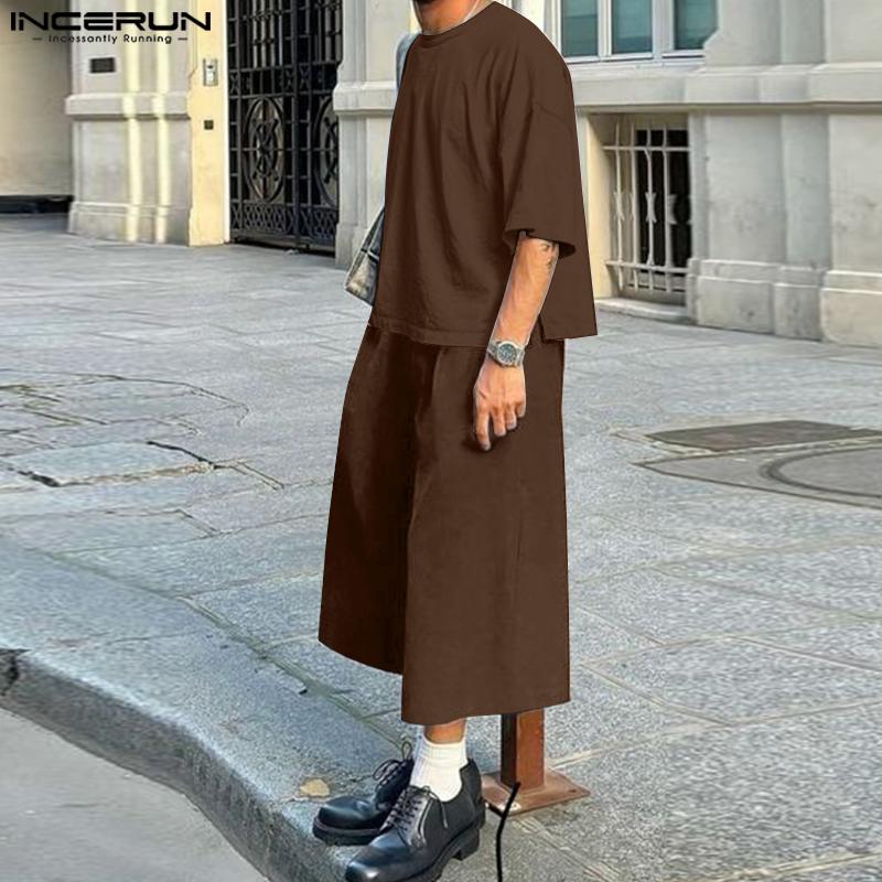 INCERUN Two Pieces Oversized Men Short Sleeve T-Shirts and Loose Pants Outfits Sets