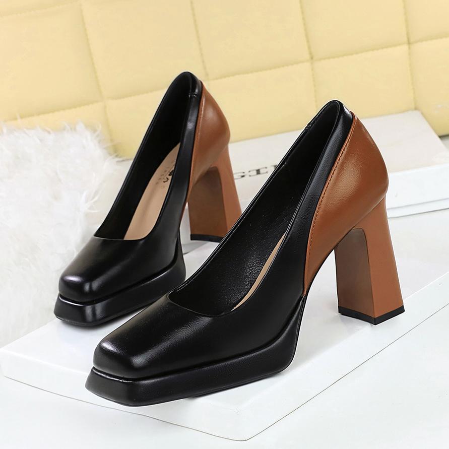 Shanggui Super Girl High Heels Thick Heels Color Blocked Single Shoes