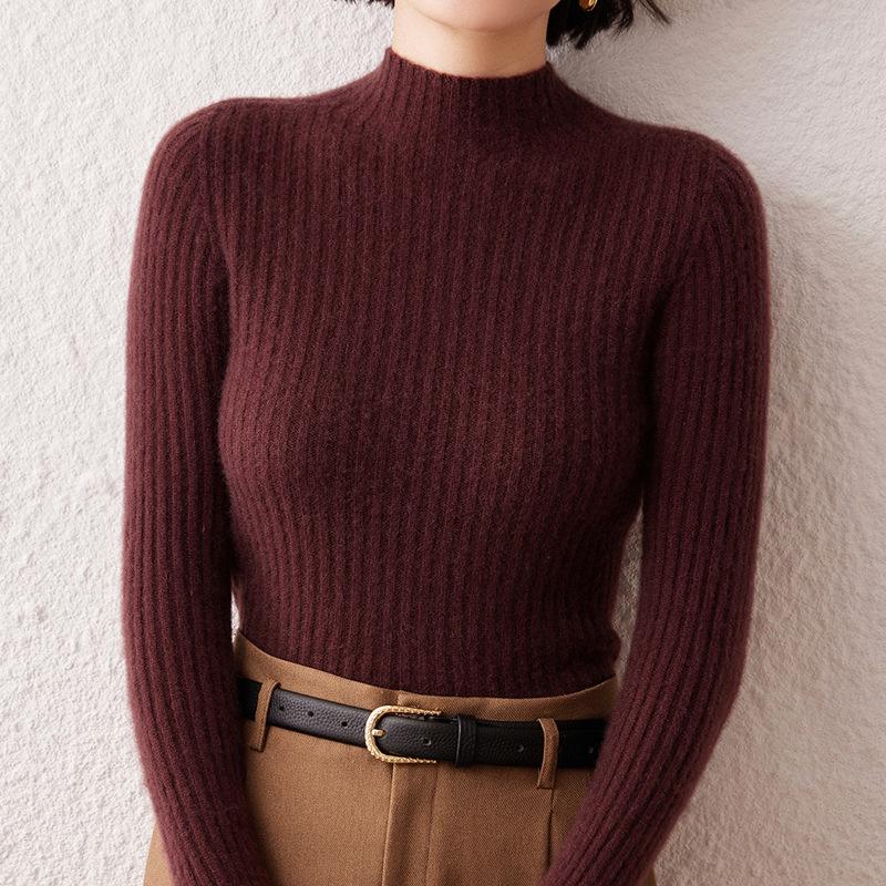 Women's Striped Cashmere Sweater - Autumn/Winter, Half-High Neck, Slim-Fit, Knitted Base Layer