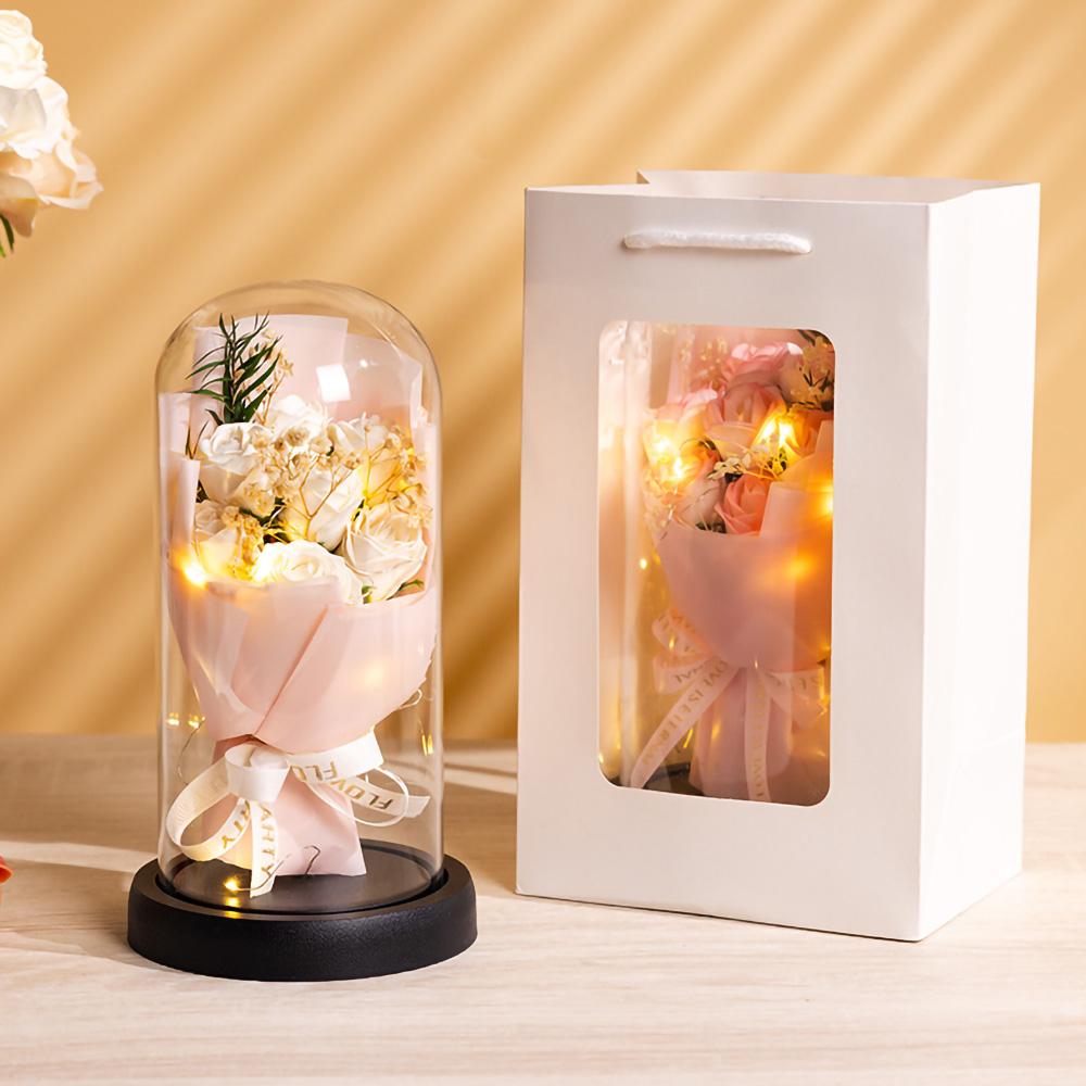 Eternal Rose LED Light Acrylic Cover Flower Valentines Day Gift Wedding Party Decor Artificial Rose Flowers Light Christmas Part