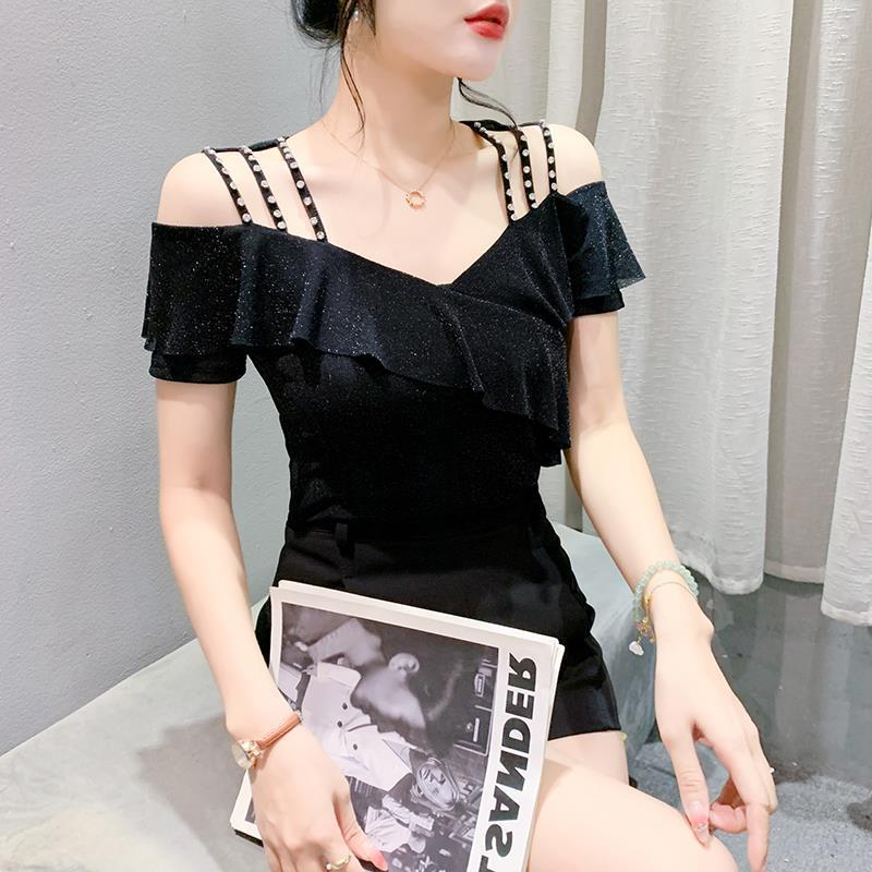 

Топ с открытыми плечами, с оборками, V-образным вырезом, бисером, из сетки, приталенного силуэта, с короткими рукавами 2XL чёрный