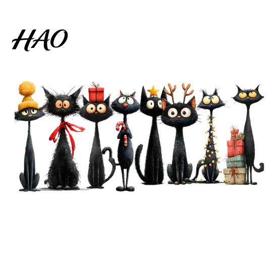 Retro Hand Painted Wall Stickers Christmas Black Cat Stickers, Self Adhesive Decals, Removable PVC Cute Holiday Theme Decals Art Decor for Bedroom