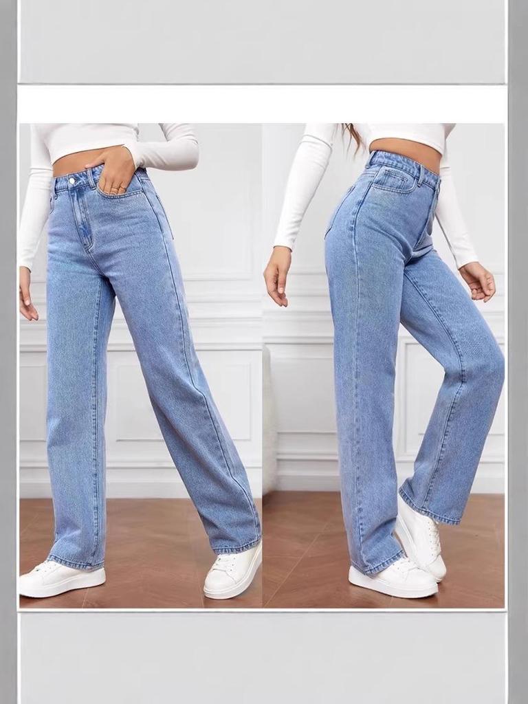 High Waist Women's Light Wash Wide Leg Jeans - Plus Size Casual Fit