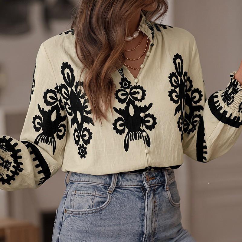 Bohemian Floral Print Long Sleeve Button-Up
