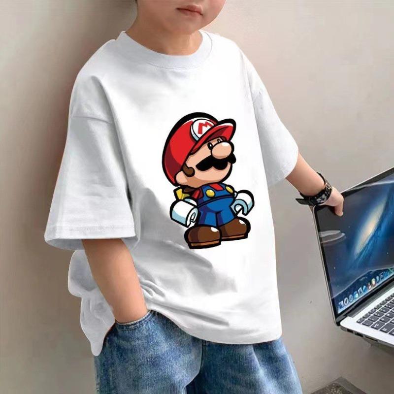 Children's T-shirt Trendy Mario Print Pure Cotton Loose Casual Round Neck Parent-child Short Sleeved 2026 Summer New Item