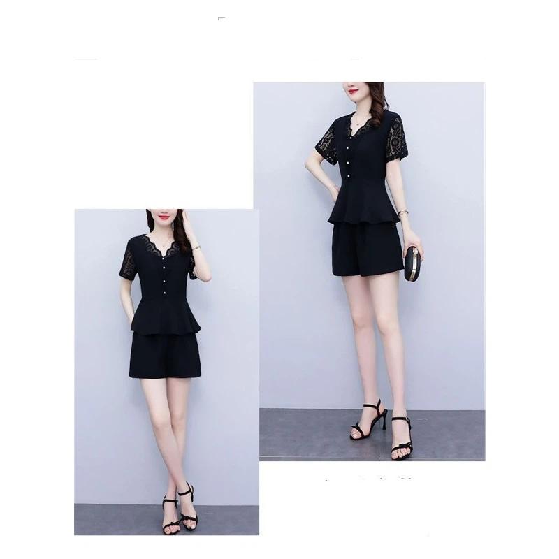 Women's Plus Size 2-piece Lace Trimmed V-neck Top And Shorts Slim Fit Summer Set Pure Black