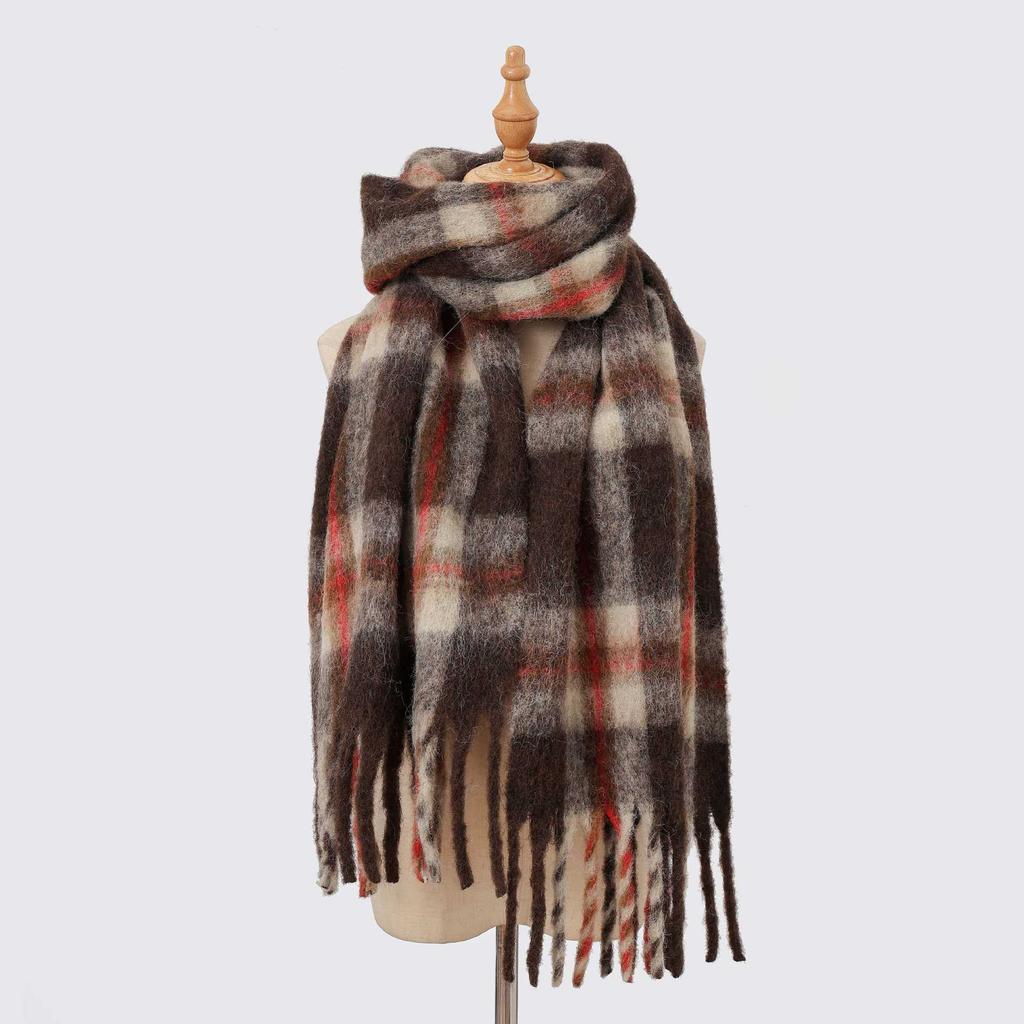 Autumn and winter wool plaid scarf women's high-end imitation cashmere versatile simple warm thickened fringed scarf