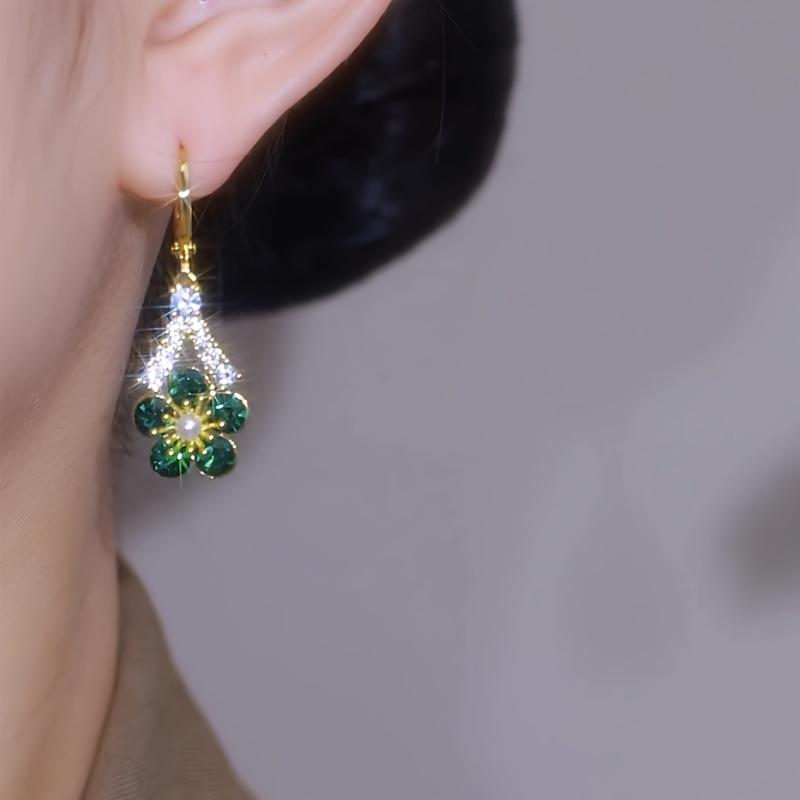 Elegant Green Cubic Zirconia Flower Dangle Earrings, Fashion Alloy Jewelry for Women, Synthetic Zirconia, No Plating, Perfect for Parties & Gifts