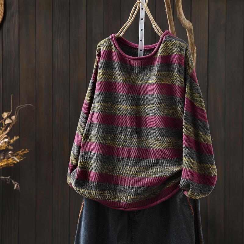 2025 Autumn Women's Striped Color Block Cotton Sweater - Loose Knit Versatile Pullover Base Layer