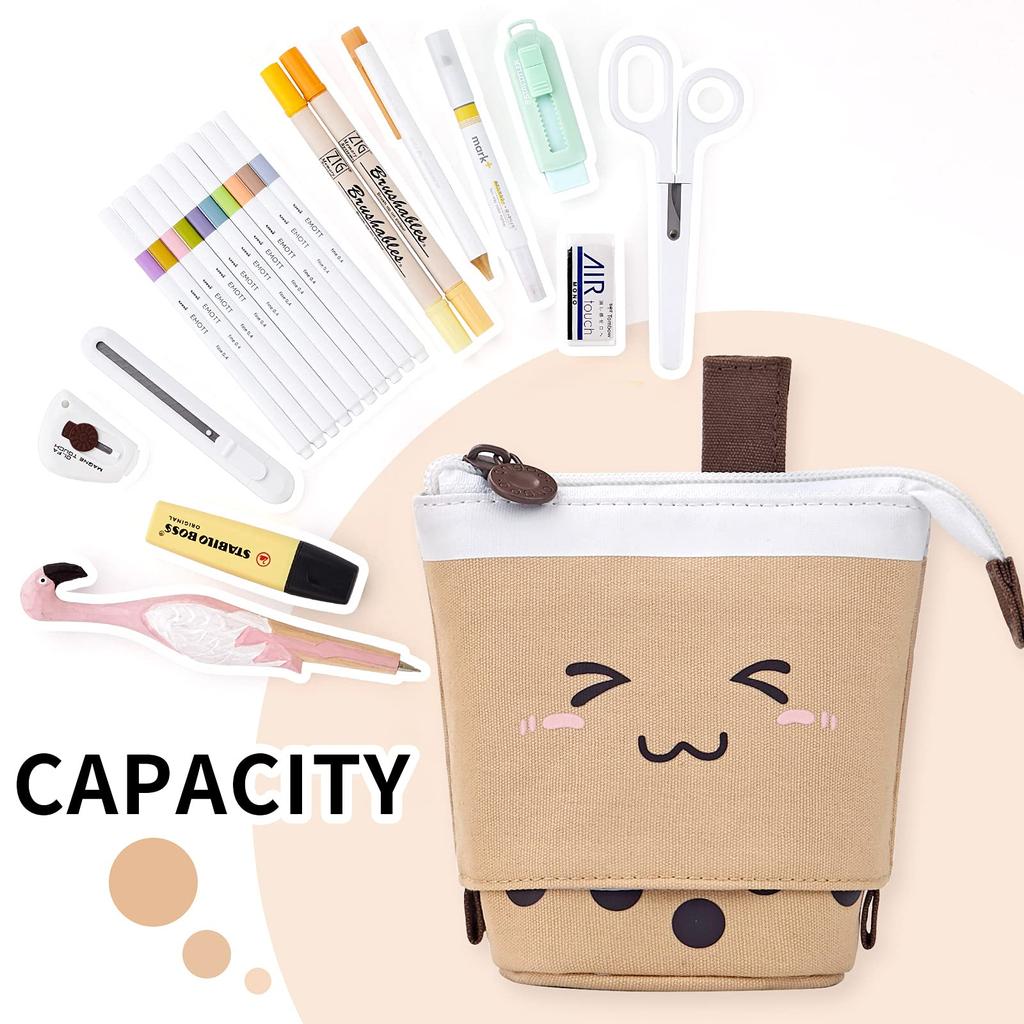 Standing Milk Tea Pencil Case Cute Telescopic Pen Holder Students Stationery Pouch Pen Box for School Office Supplies Pencil Bag
