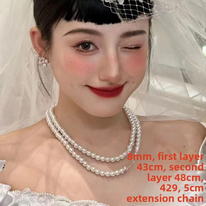 Meier Vintage court style double-layer pearl necklace ~ high-end versatile hong kong style ins neck chain choker collar clavicle chain