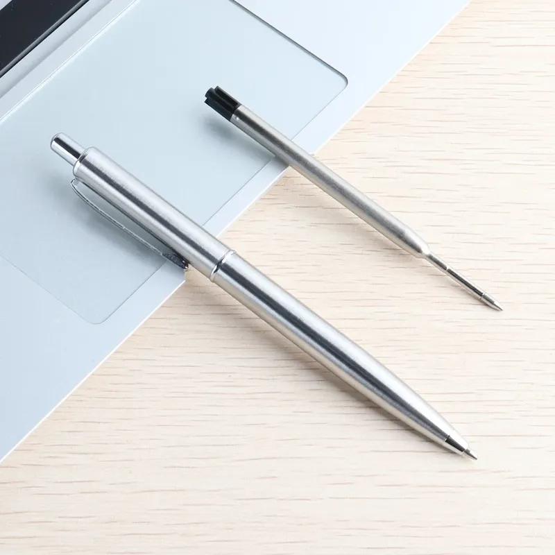 

Press Metal Ballpoint Pen Stainless Steel Material Stationery For School Office supplies Business Gift Pen Blue Black Ink 1Pcs Silver Pen-black ink