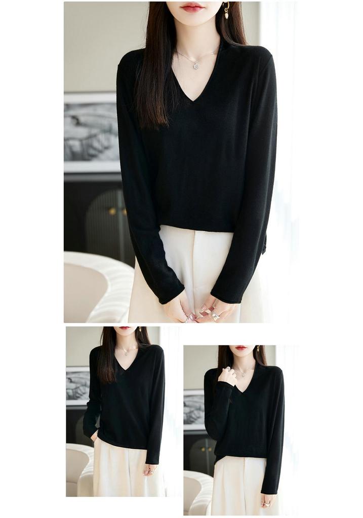 Elegant V-Neck Wool Sweater: Neck-protecting, 16-gauge Fine-spun, Long-sleeve, Versatile Base Layer for Autumn and Winter.
