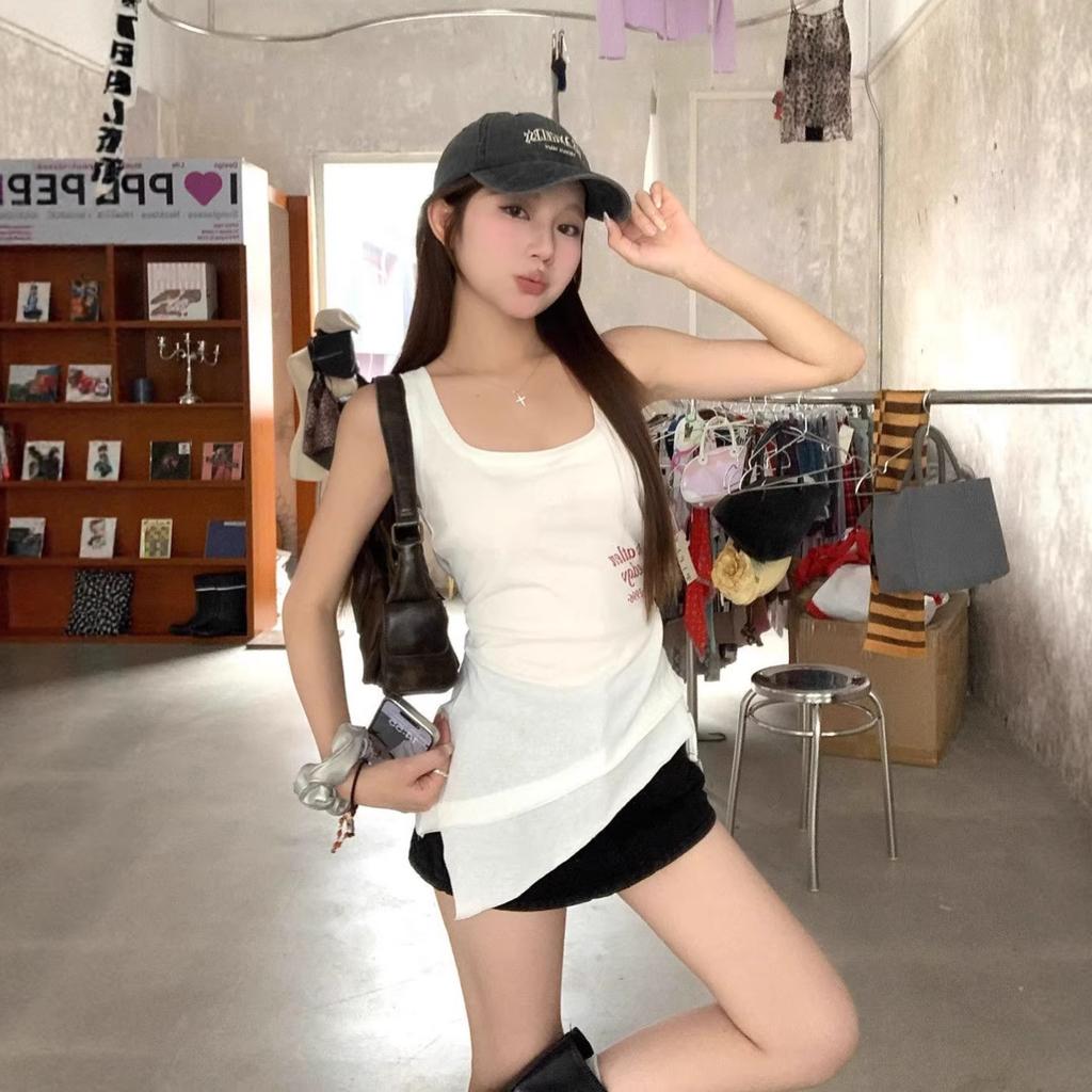 American Spice Girl Pure Desire Letter Printing Outer Wear Vest Women's Summer New Waist Design Sleeveless Halter Top