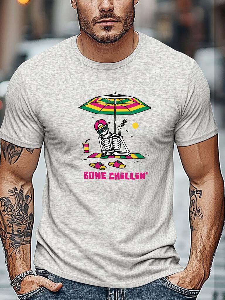 Mens Summer Beach TShirt Bone Chillin Skeleton Print Cotton Short Sleeve Round Neck Breathable Oversized Relaxed Daily Wear