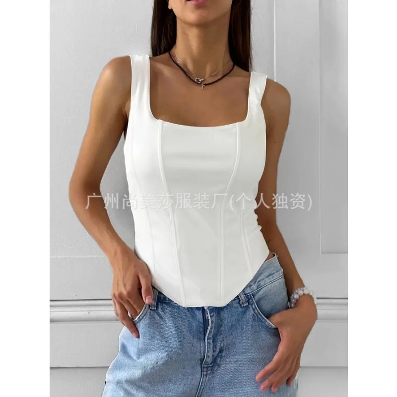 Top Corto Corsetto Bianco da Donna con Scollo Quadrato Bustier Strutturato Spalline Sottili