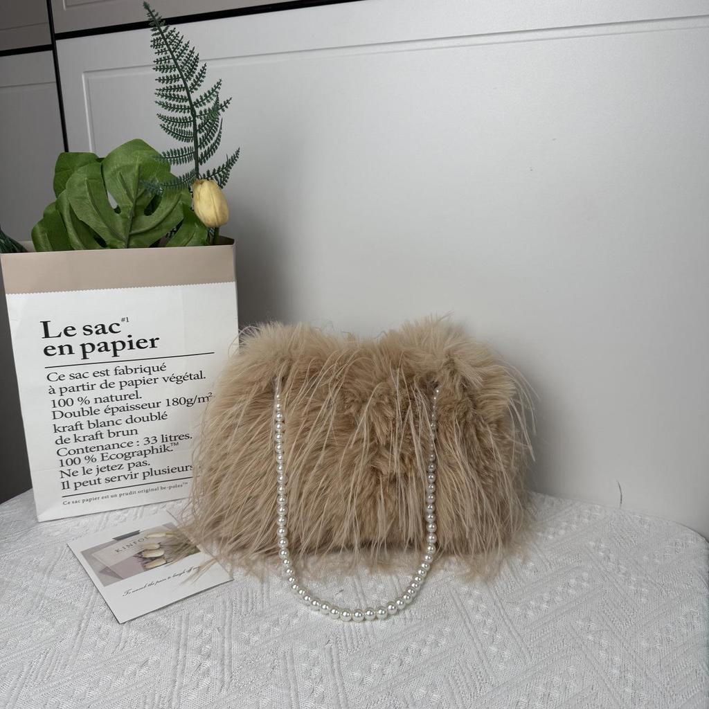 Luksusowa damska pluszowa torebka crossbody z łańcuszkiem z pereł na jesień/zimę