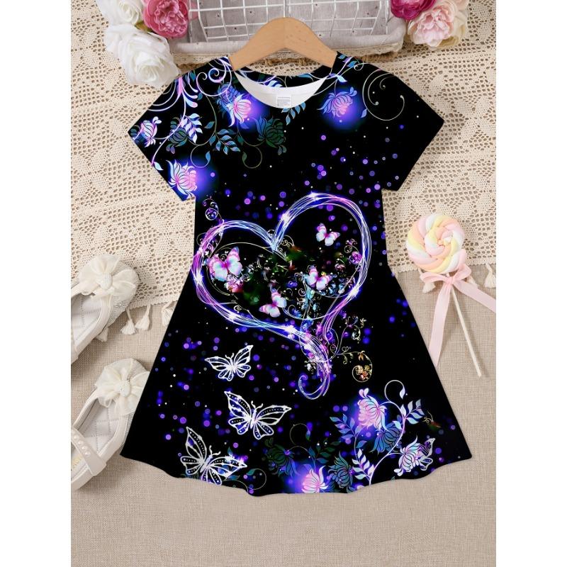 

A Short-Sleeved, Round-Neck Casual Dress for Girls Featuring a Butterfly Pattern, 110