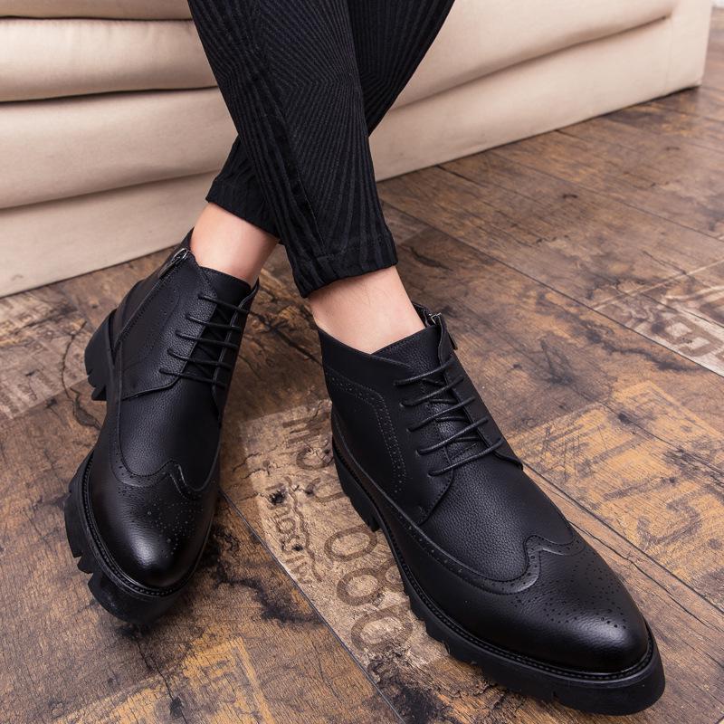 Men's High-Top Brogue Leather Boots - Stylish, Business Casual, Height-Enhancing, Versatile Footwear