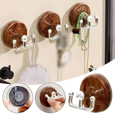 2pcs Durable Wood Grain Suction Cup Hook No Drill Reusable Double Hooks Space Saving Organizer Wall Hangers Household