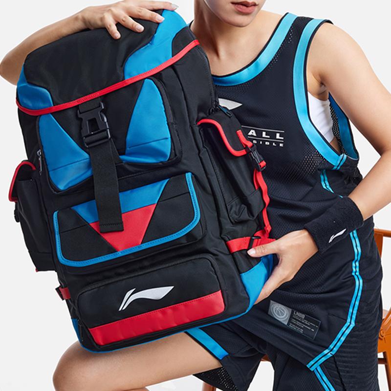 Li Ning Sports Basketball Series Casual Fashion Splicing Large Capacity Design Polyester Sports Backpack Unisex Backpack Black Blue ABSS315-1