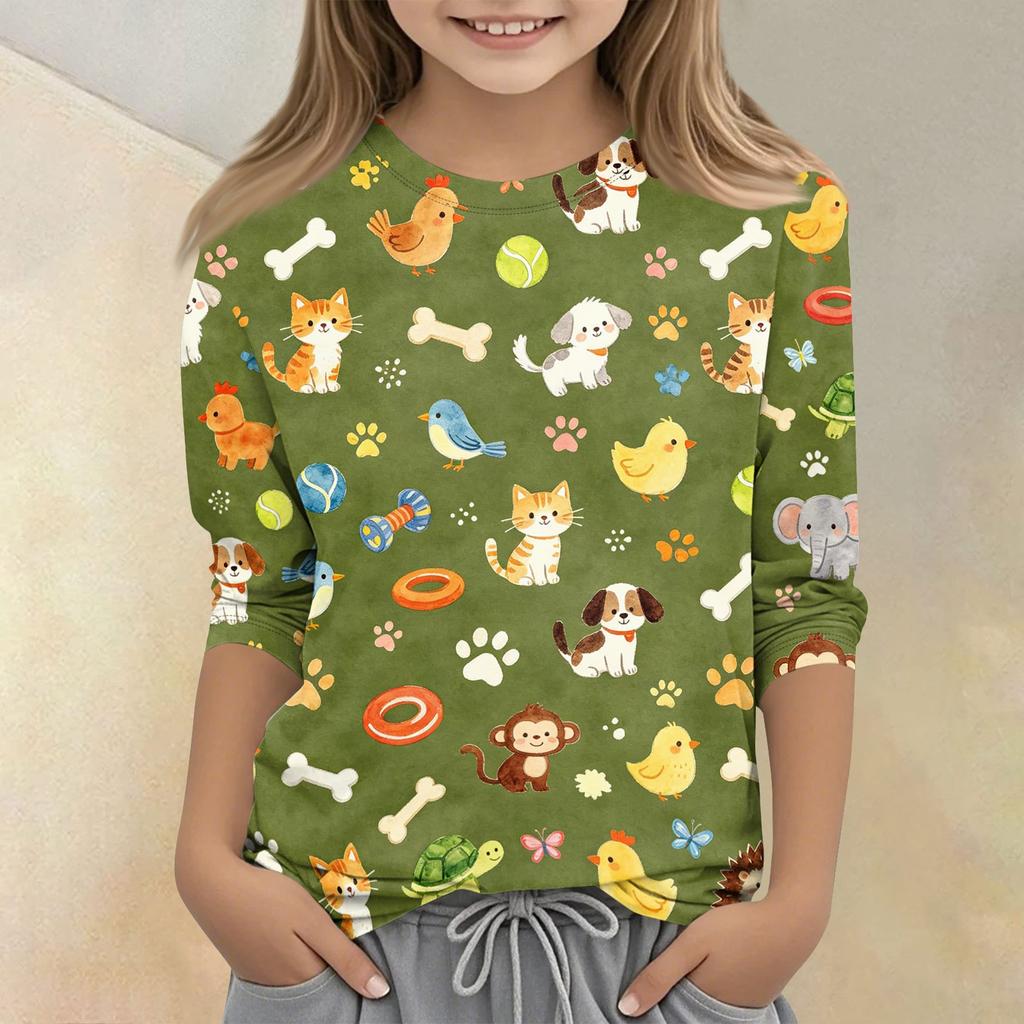 Kinder Tierdruck Rundhals Dreiviertelarm Lässiges T-Shirt Weicher Bequemer Stoff Leichtes Design Geeignet für den Alltag