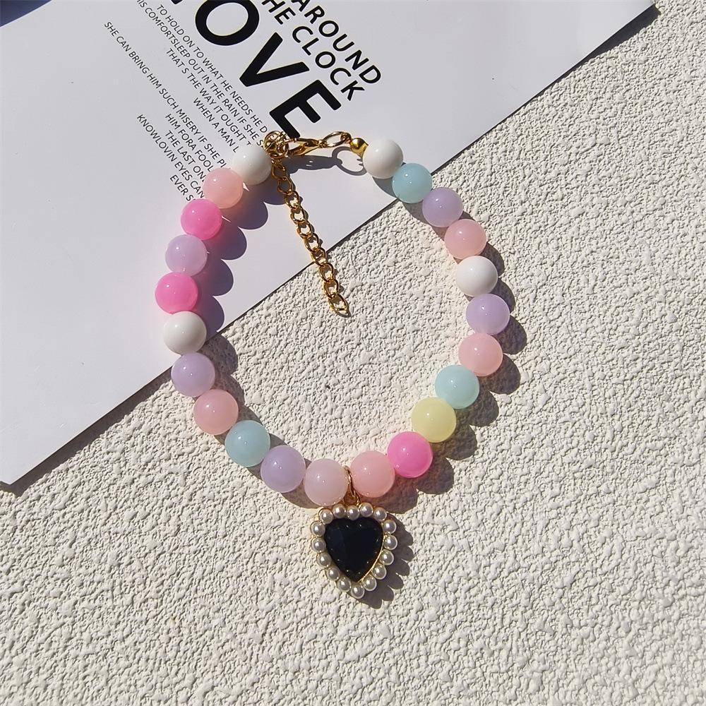 Personalized cat and dog pet handmade necklace collar beaded rhinestone heart cute pearl pendant accessories princess style