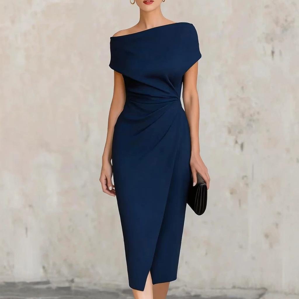 Women's Off Shoulder Twist Front Bodycon Midi Dress with Side Slit Elegant Cocktail Party Dress