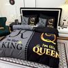 I'm Her King I'm His Queen Bedding Set Black Grey Gold Print Duvet Cover Set with Pillowcases for Couples Bedroom Decor