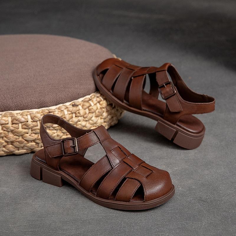 Johnature Genuine Leather Low Heel Breathable Sandals Retro Versatile Solid Color Women's Shoes