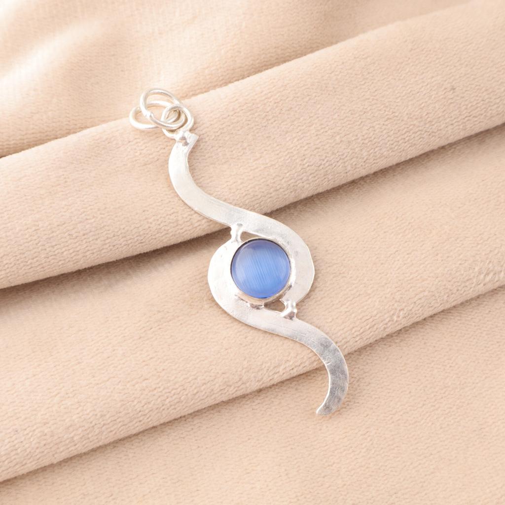 Dark Blue Cat's Eye Gemstone 925 Sterling Silver Jewelry Handmade Chain Pendant PP-44-33