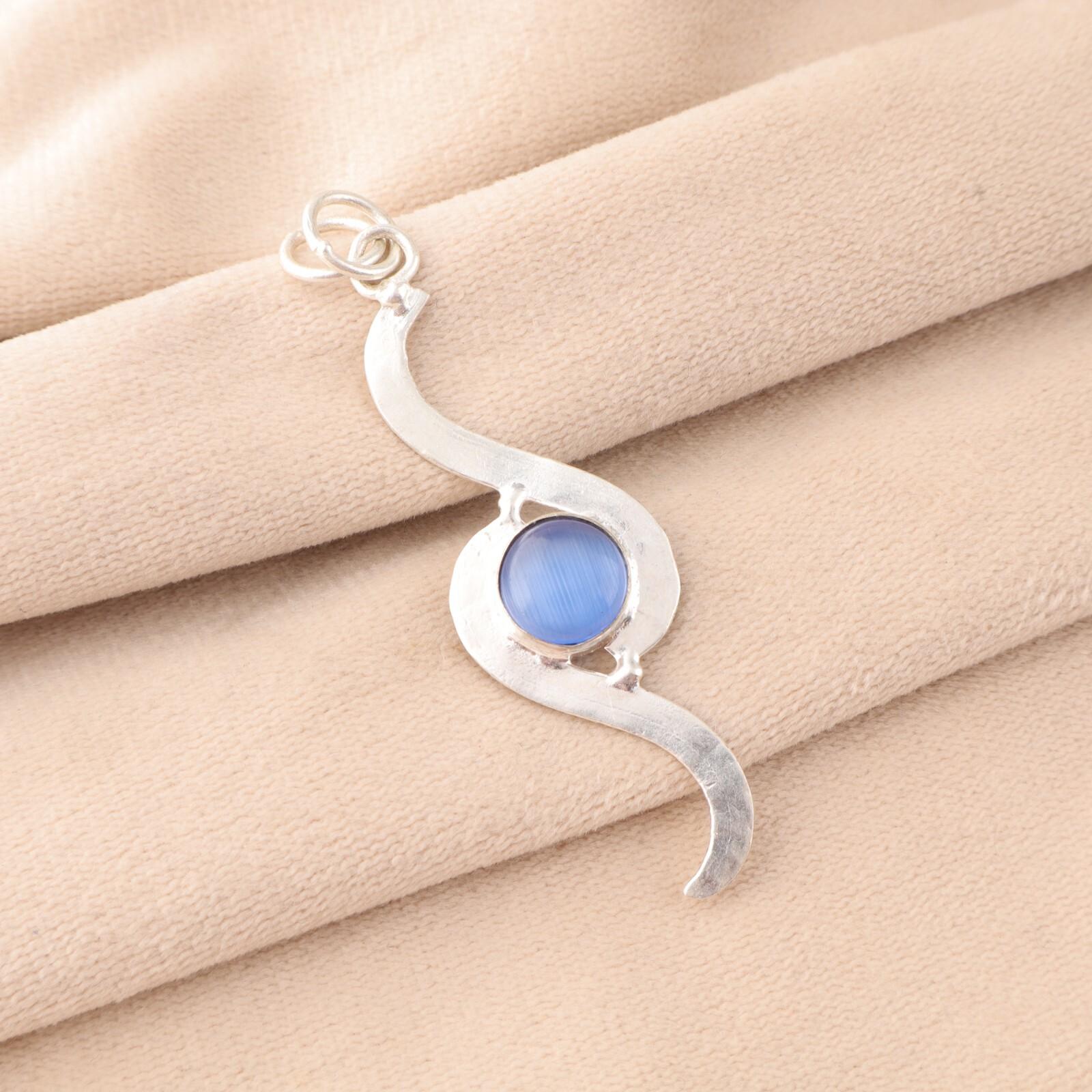 

Dark Blue Cat s Eye Gemstone 925 Sterling Silver Jewelry Handmade Chain Pendant PP-44-33