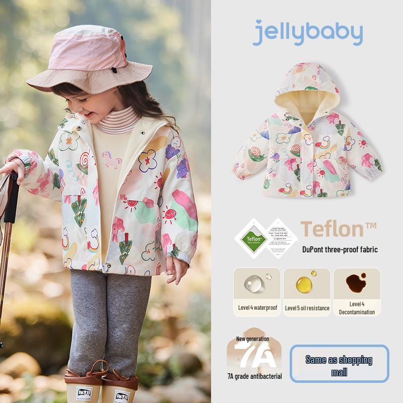 [Antibacterial] Jerry Baby Girls  Fleece-Lined Three-Proof Jacket - Warm Baby Fleece Top 130cm (Height 120-129cm)