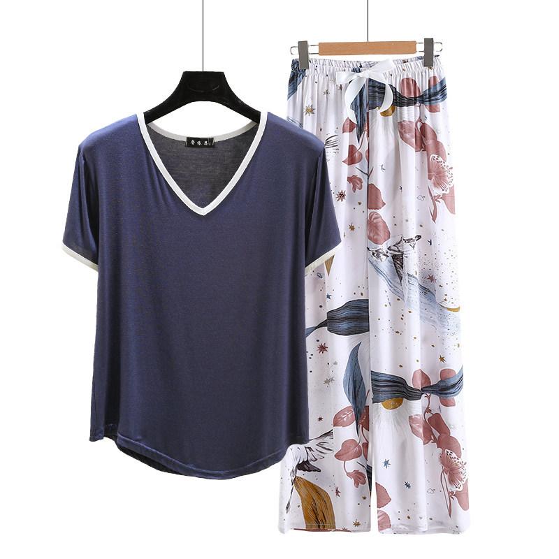 Modal Loungewear V-Neck color-block Tshirt and Floral Wide leg pants Summer Thin Pajamas sets Casual Plus size Homewear 2pcs suit Comfort clothing
