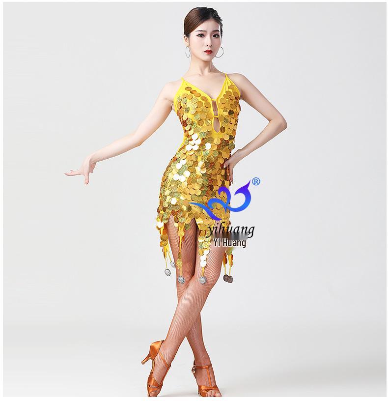 

Sequined Spaghetti Strap Latin Dance Dress with Open Back One Size жёлтый