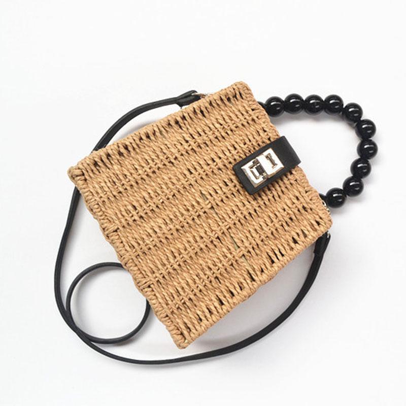 Yogodlns Rattan Straw Women Crossbody Bags Beads Handle Box Beach Holiday Female Totes