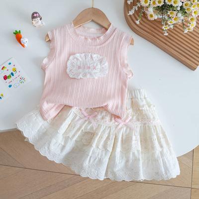 Girls Summer Sweet Princess Sleeveless Pink Vest Top With Lace Trim Short Skirt Two Piece Set Outfit