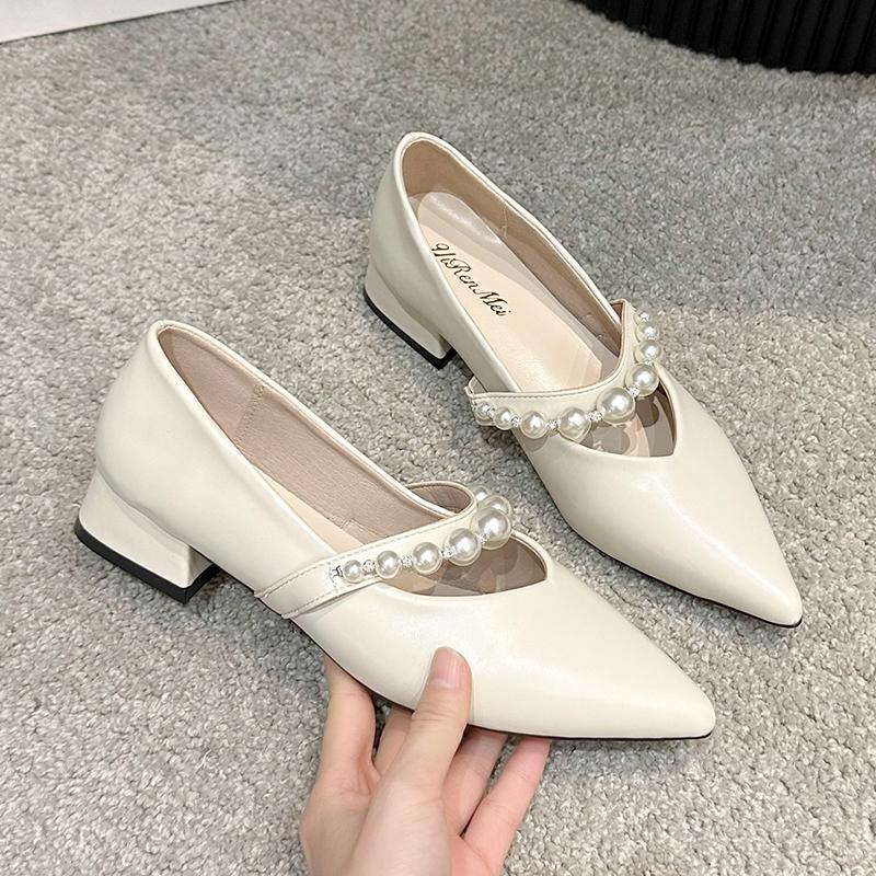 Fashion 2025 New Spring New Coarse Heel Shoes Women's Fashion Pointed Head Shallow Mouth Beaded Waterproof Non-slip Low-top Shoes